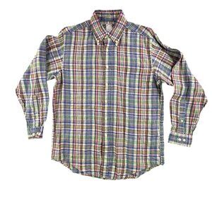 Brooks Brothers Shirt Mens Medium Blue Plaid Irish Linen Button Down Long Sleeve